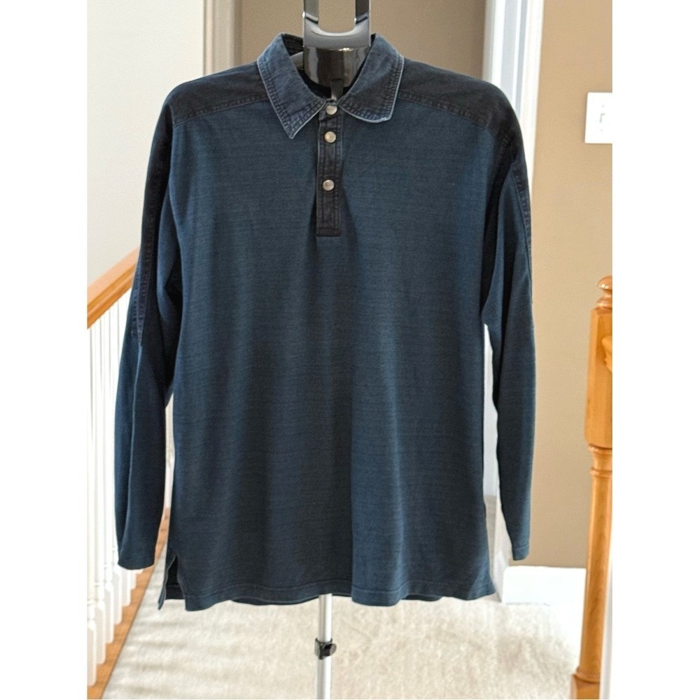 Blue Willi's Mens Indigo Blue Long Sleeve Polo Shirt Denim Trim Cotton Large